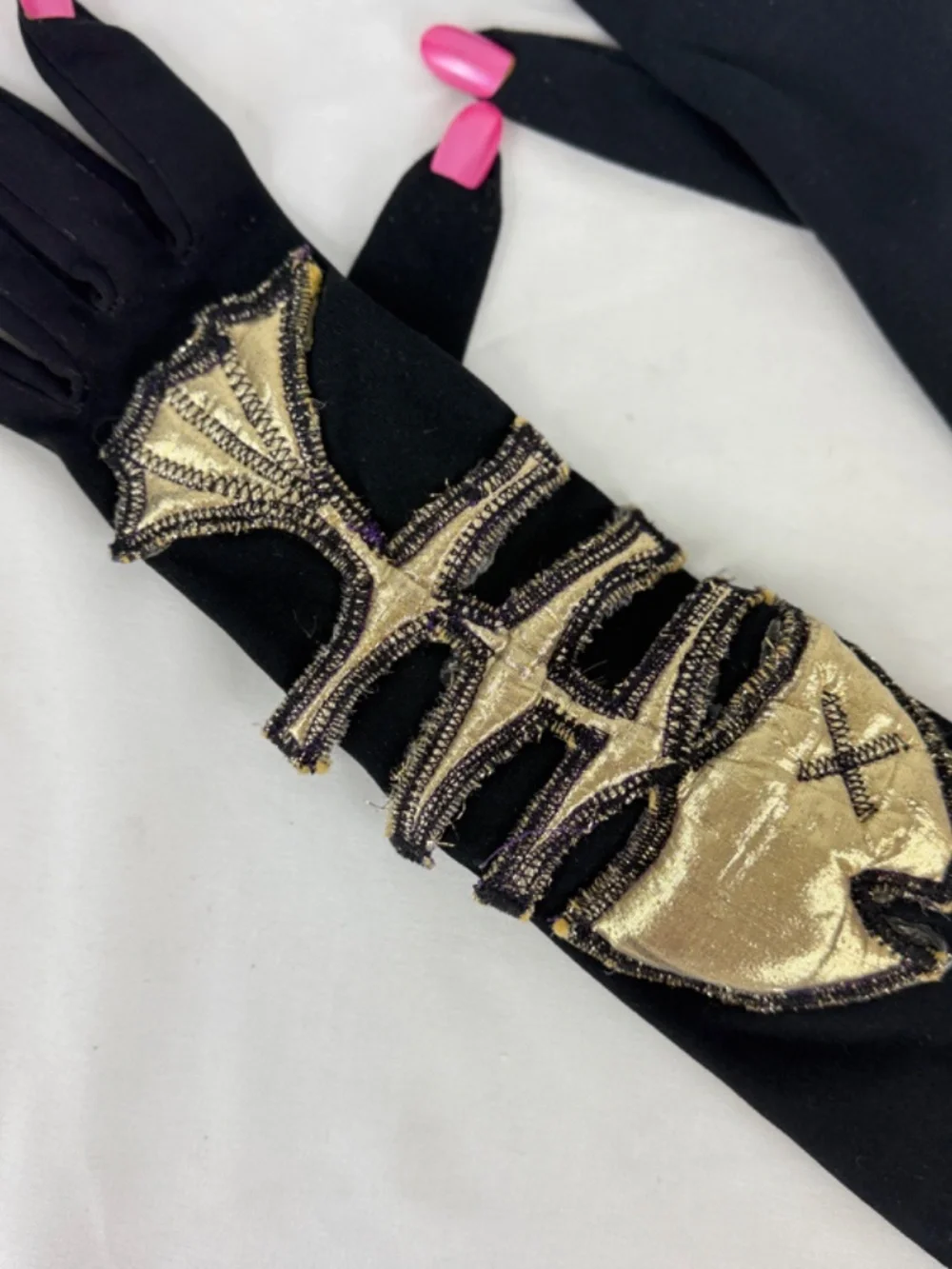 Halloween Costume Black Gloves w Pink Fake Nails Fish Bones Skeleton Flawed